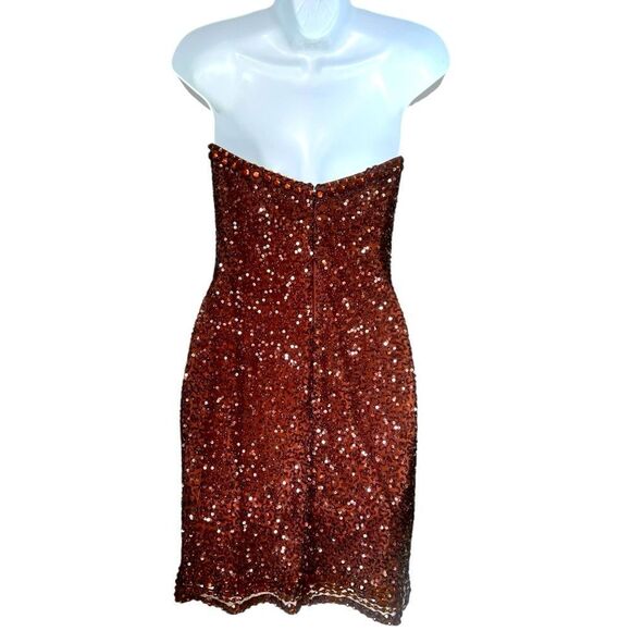 Scala Sequin Silk Strapless Bodycon Copper Brown Mini Sparkly Glam Mini Dress  6 - Picture 3 of 13
